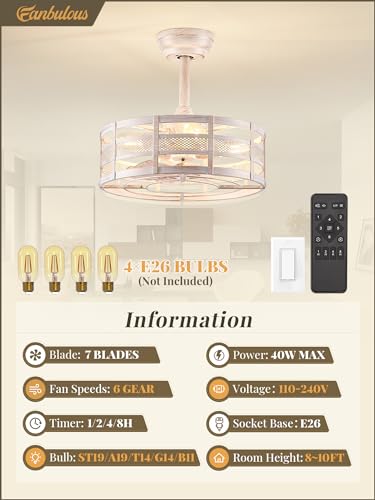 Caged Ceiling Fan with Light and Remote, Bladeless, 6 Speeds, White and Gold L189918