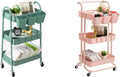 danpinera 3-Tier Metal Cart with 3-Tier Rolling Utility Cart with Lockable Wheels & Hanging Cups & Hooks Storage Organization Shelves for Kitchen, Bathroom, Office, Library, Coffee Bar
