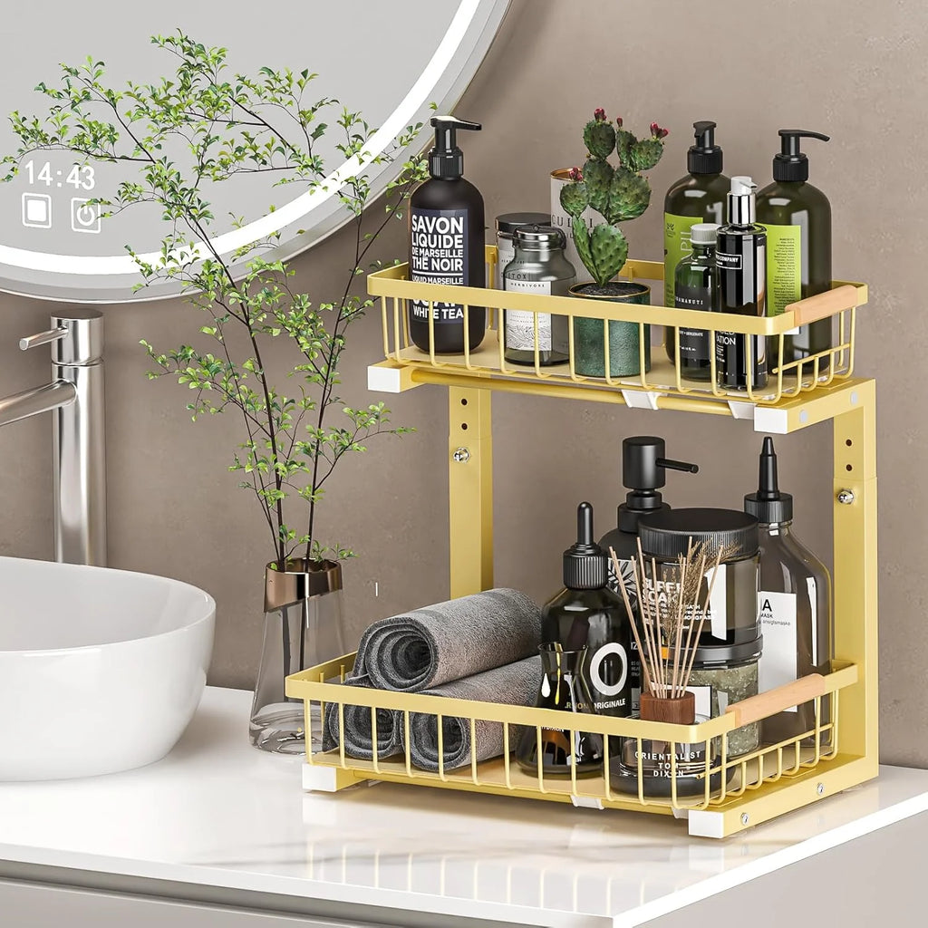 Under Sink Organizer 2 Pack, Height Adjustable, 2 Tier Pull Out Storage Shelf, Metal, Gold I717568
