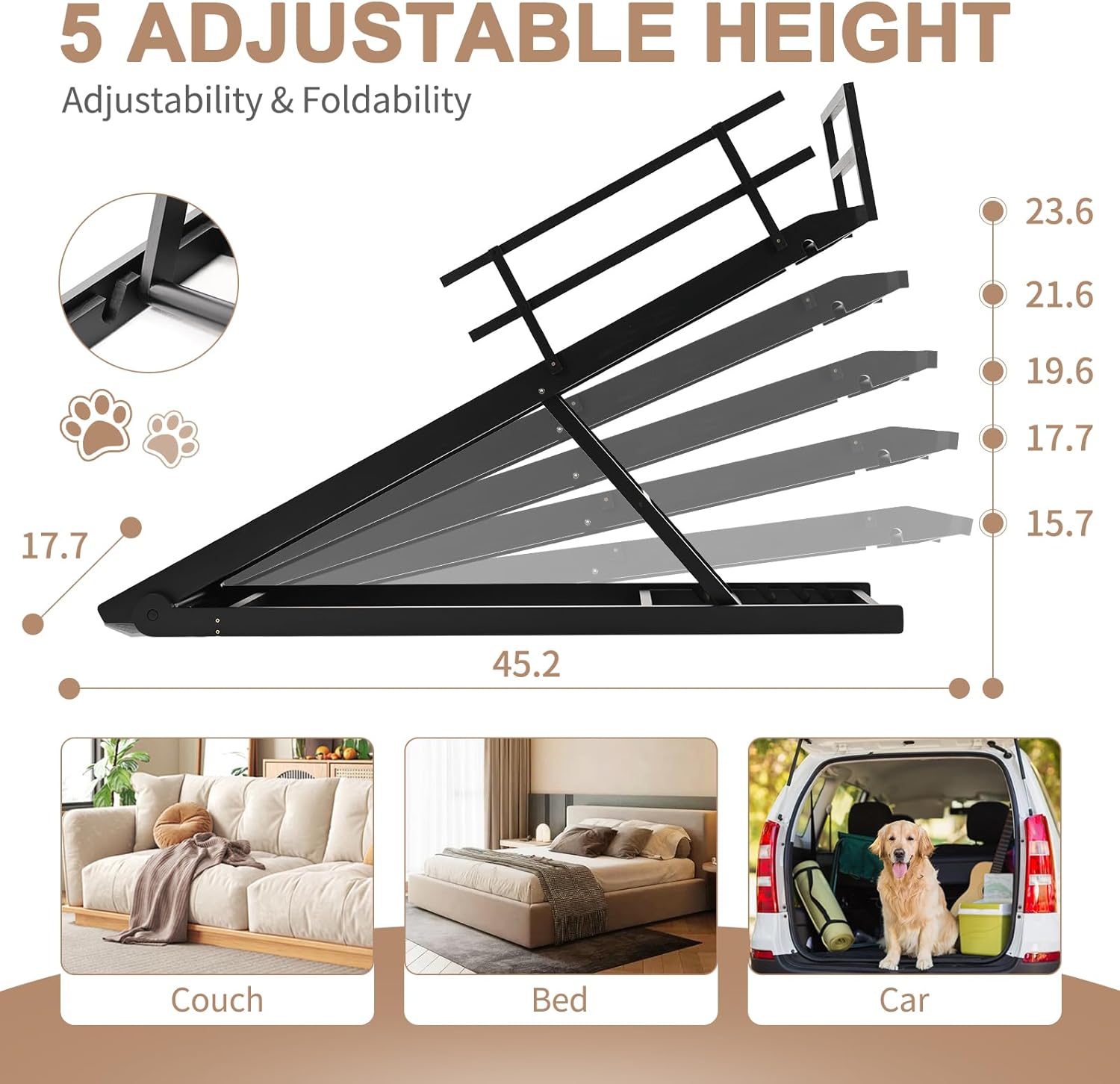 Folding Dog Ramp for Bed, Couch, SUV, Adjustable Height, 200 lbs Capacity Z76504