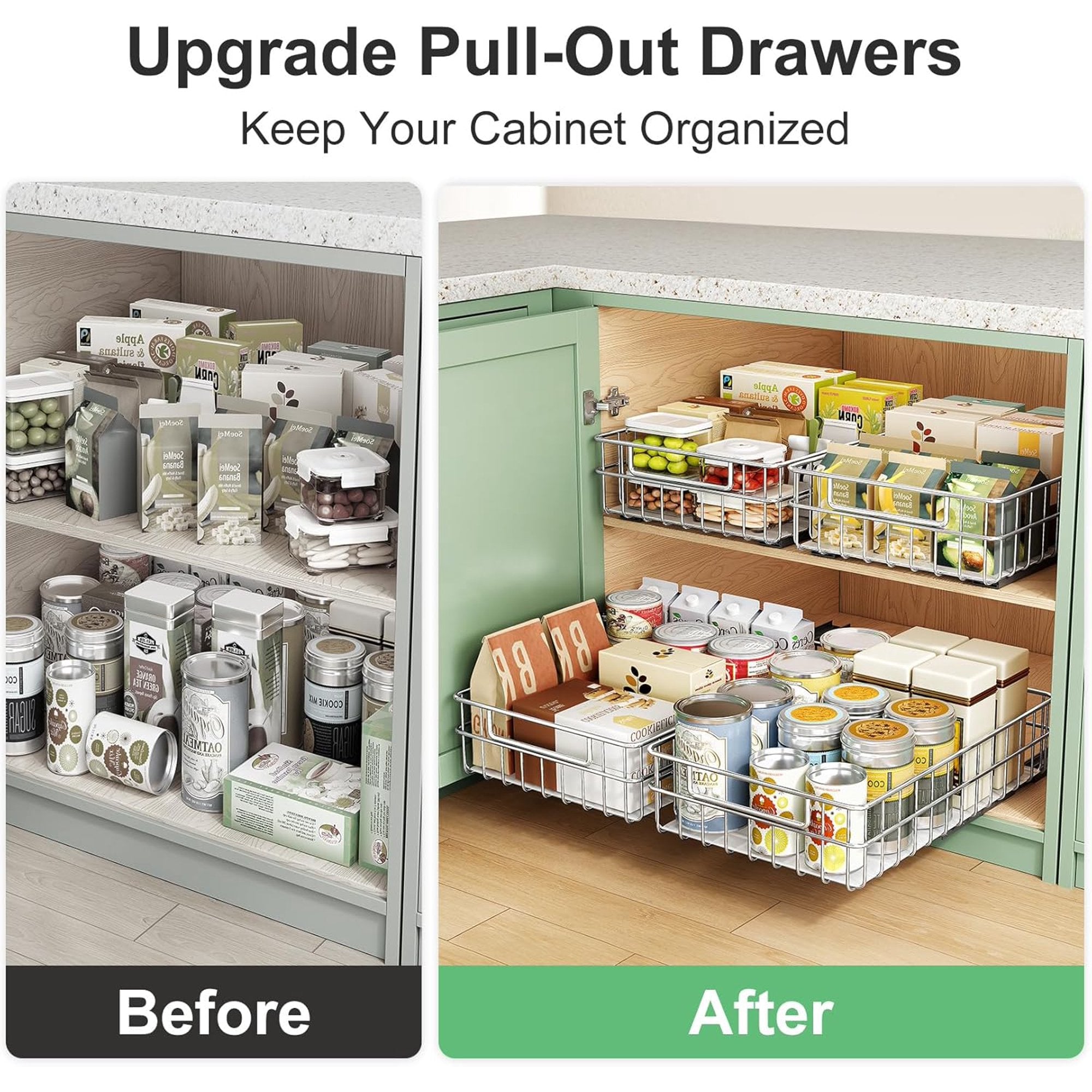 Pull Out Cabinet Organizer, 2 Pack Stainless Steel Slide Out Drawers, No Drill Adhesive Racks for Kitchen Pantry Storage Z1875