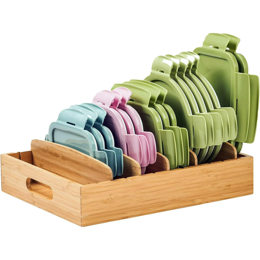 Kitchen Cabinet Organizer for Food Storage Container Lids, with Adjustable Dividers, Bamboo Drawer Caddy, Box for Kitchen Storage And Organization