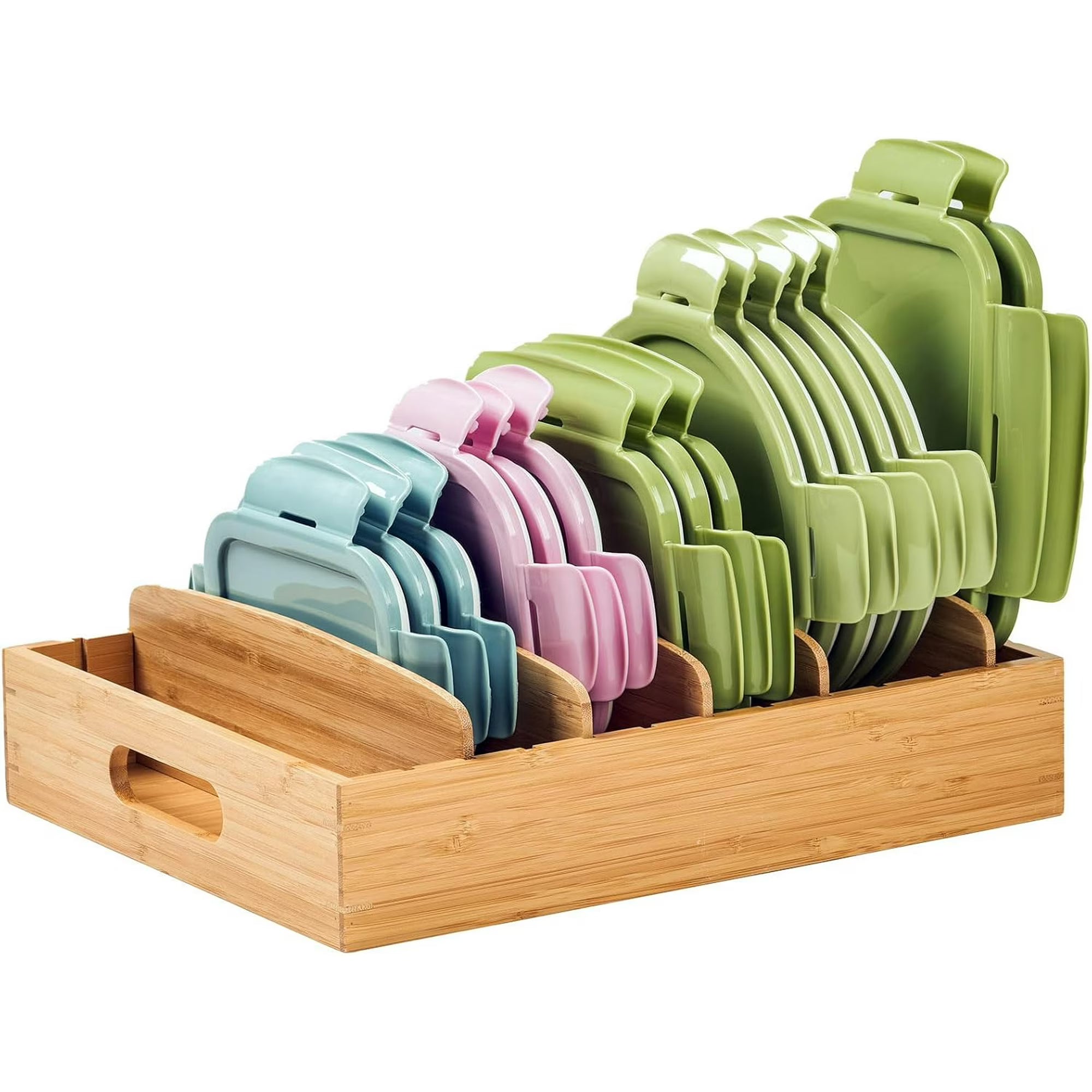 Kitchen Cabinet Organizer for Food Storage Container Lids, with Adjustable Dividers, Bamboo Drawer Caddy, Box for Kitchen Storage And Organization