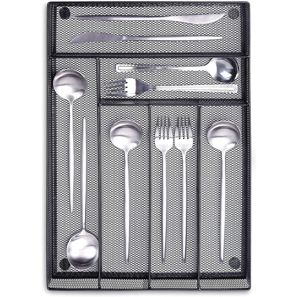 6 Compartments Metal Mesh Kitchen Flatware Organizer Tray, Silverware Drawer Organizer/Utensil Holder and Cutlery Tray with Non Slip Mat (Black)