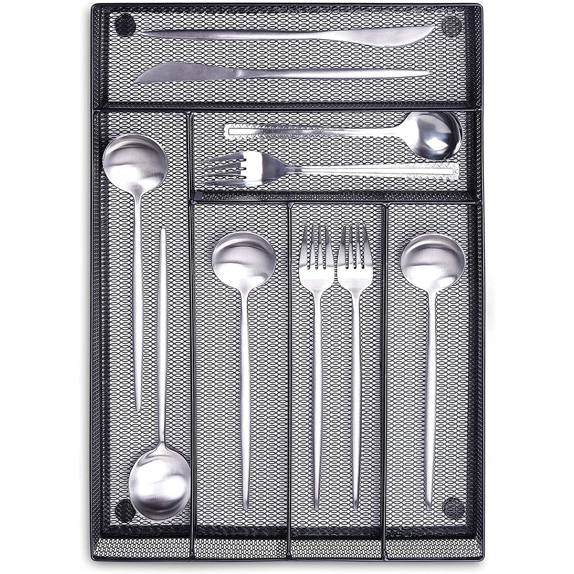 6 Compartments Metal Mesh Kitchen Flatware Organizer Tray, Silverware Drawer Organizer/Utensil Holder and Cutlery Tray with Non Slip Mat (Black)