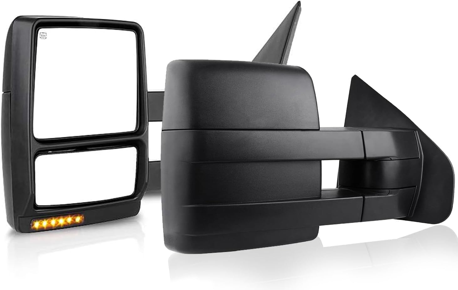 Towing Mirrors Left & Right Pair For 2007-2014 F-150, POWER HEATED,W/AMBER SIGNAL,W/PUDDLE LIGHT, Covex Lens, BLACK Mirror Driver Passenger LH RH Replacement