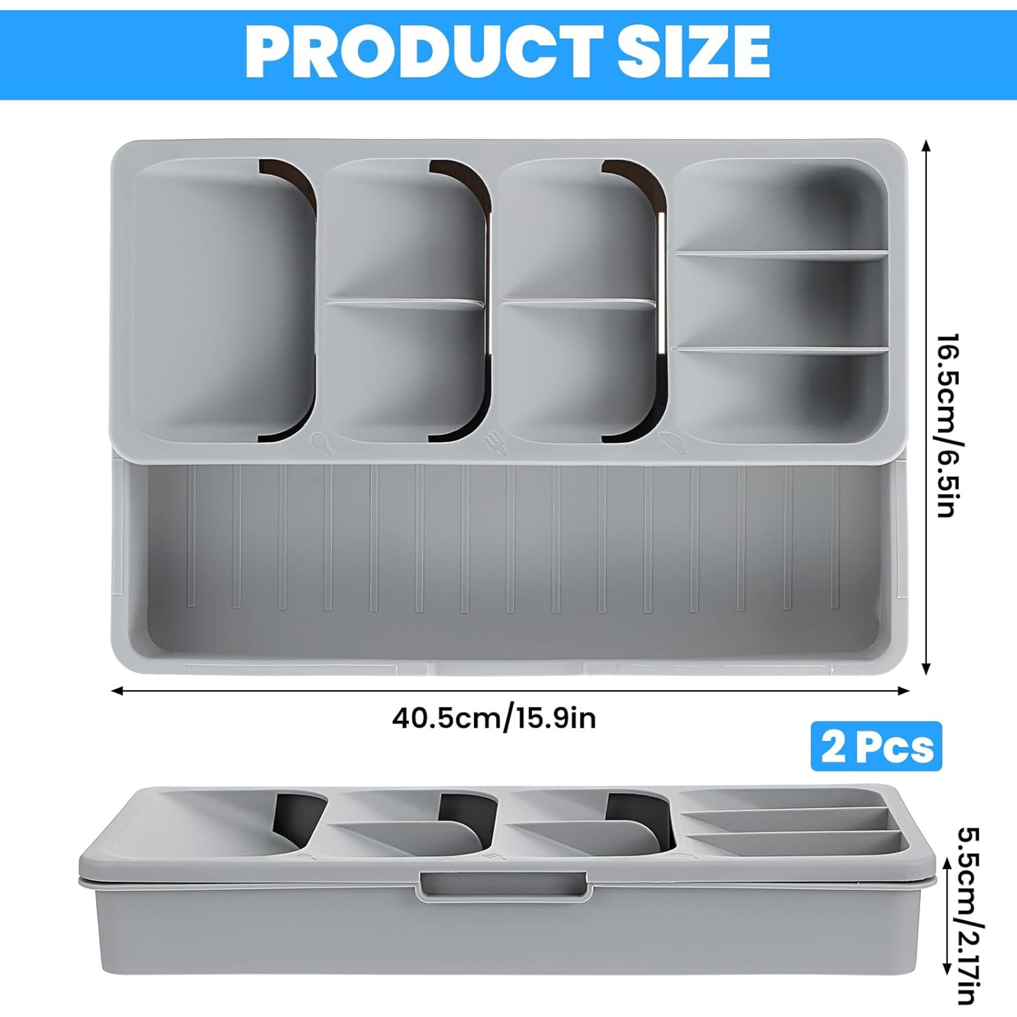 Expandable Kitchen Drawer Organizer, Adjustable Cutlery Tray, Gray E758