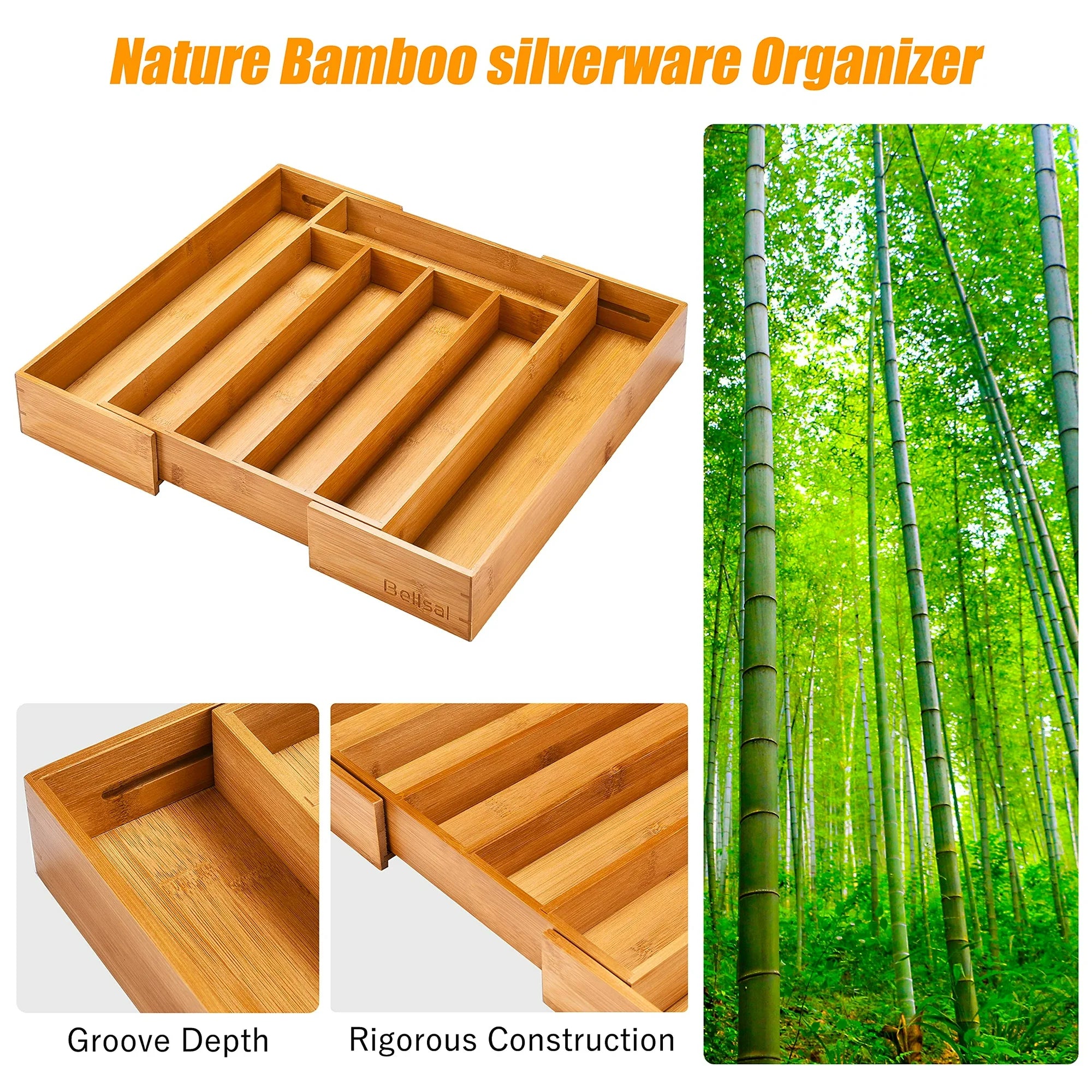 Bamboo Expandable Cutlery Tray Organizer for Kitchen Drawer F305636