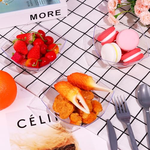 25 Pack Square Plastic Serving Bowls, 8 oz Clear Disposable Bowls for Snacks, Parties and Catering H432362