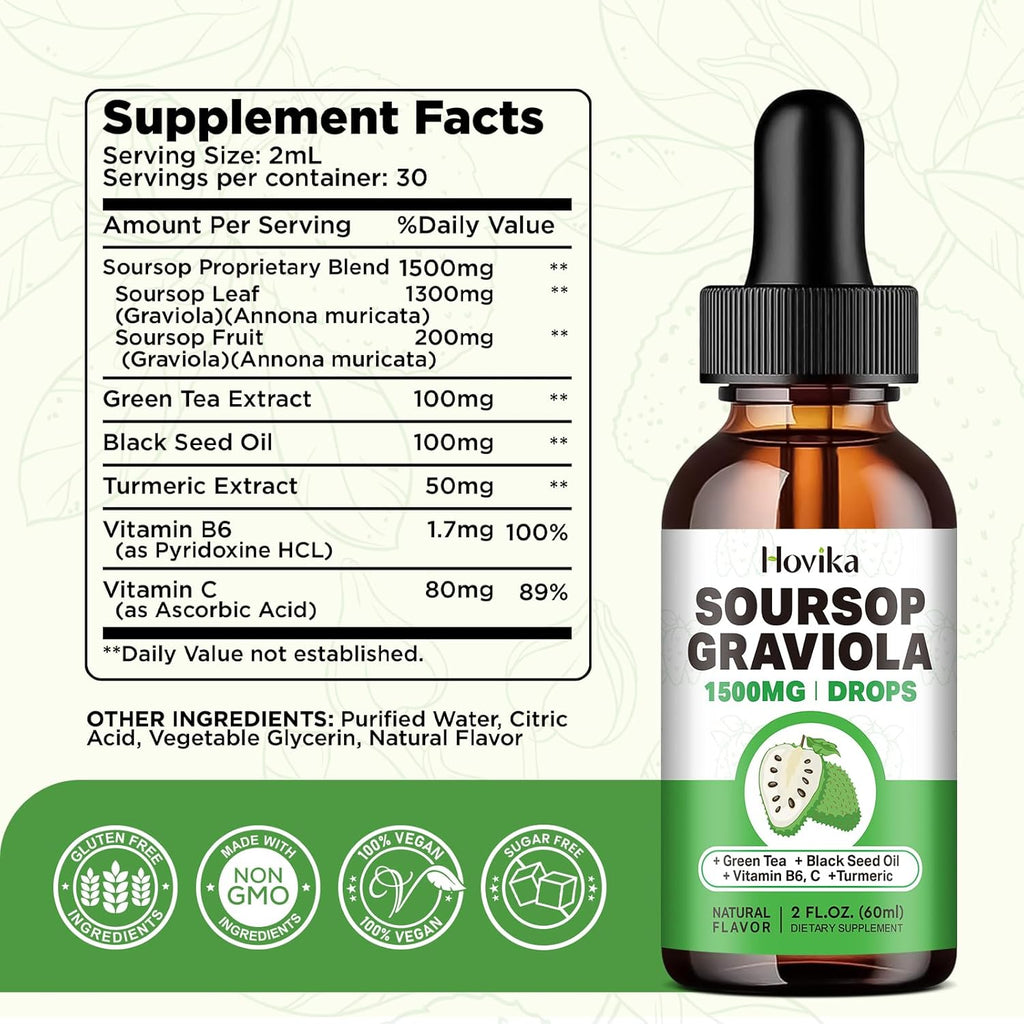 Soursop Graviola Liquid Drops with Green Tea, Black Seed Oil, Turmeric V562