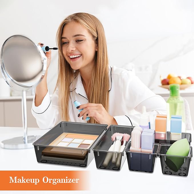 Plastic Drawer Organizer Set, 4-Size Trays & Storage Bins for Makeup, Jewelry, and Gadgets E54414
