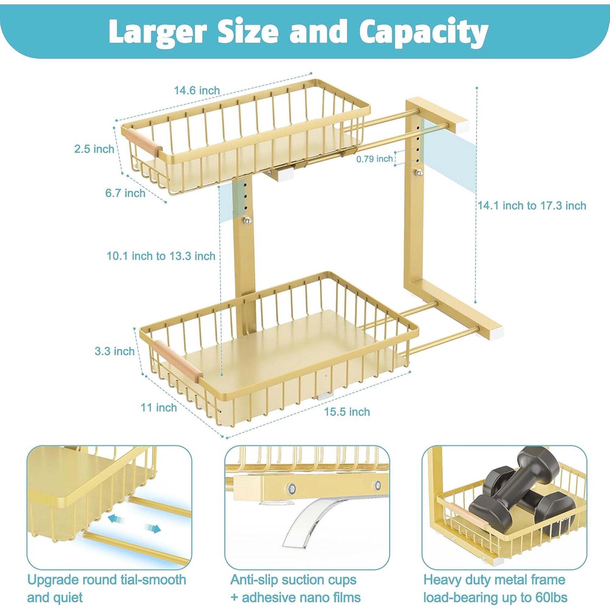 Under Sink Organizer 2 Pack, Height Adjustable, 2 Tier Pull Out Storage Shelf, Metal, Gold I717568