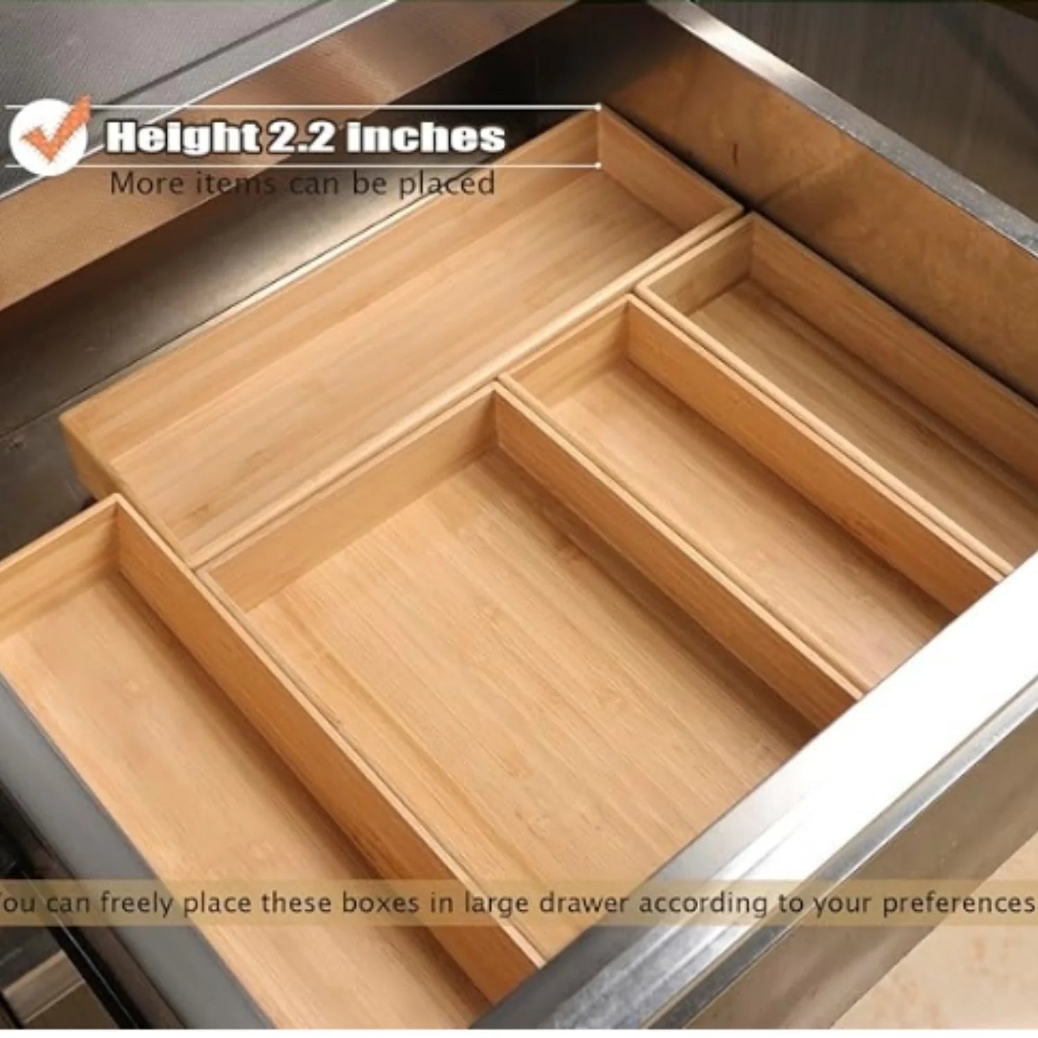 Bamboo Drawer Organizer Set of 5, Stackable Kitchen Utensil Storage Box F480