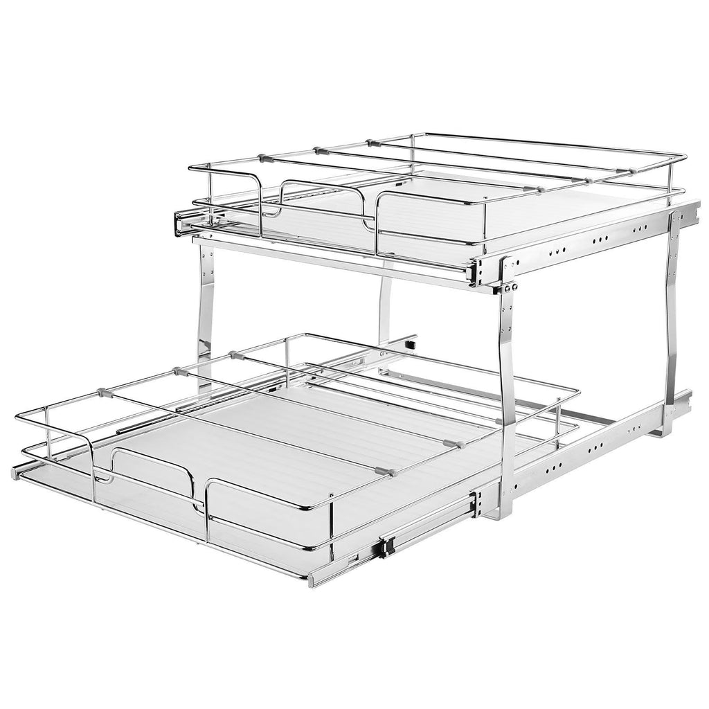 Heavy Duty 2 Tier Slide Out Cabinet Organizer, 17 Inches Wide x 21 Inches Deep, Chrome Plated Steel Roll Out Shelves for Pantry, Kitchen, Bathroom, Under Sink Storage