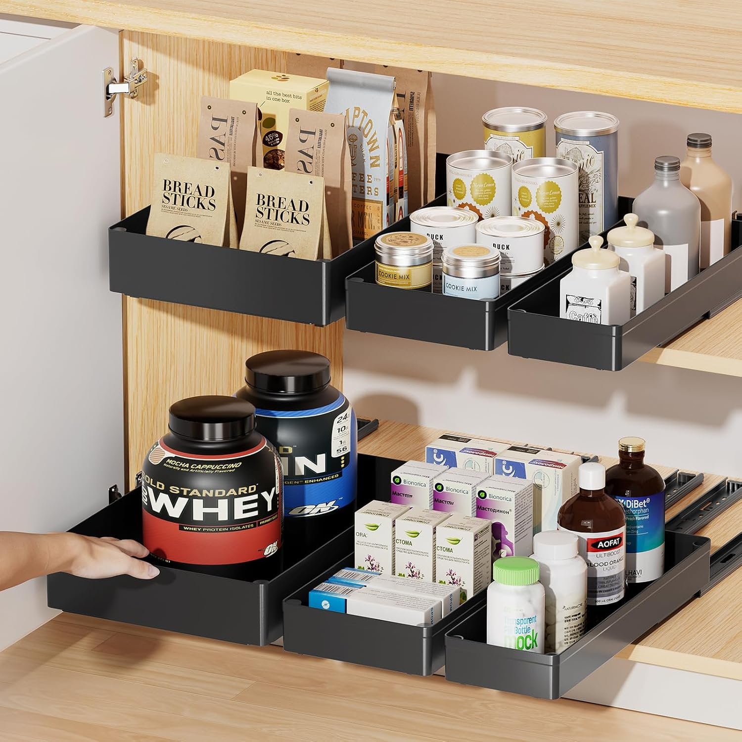 Pull Out Cabinet Organizer, 15.7" Deep, 3 Pack, Black Q941413