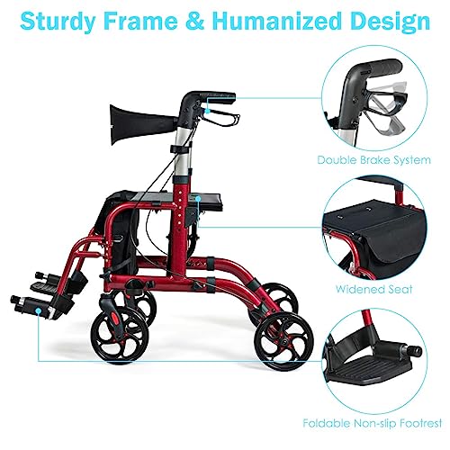 2 in 1 Rollator Walker with Seat for Seniors, Folding, 8-inch Wheels I124