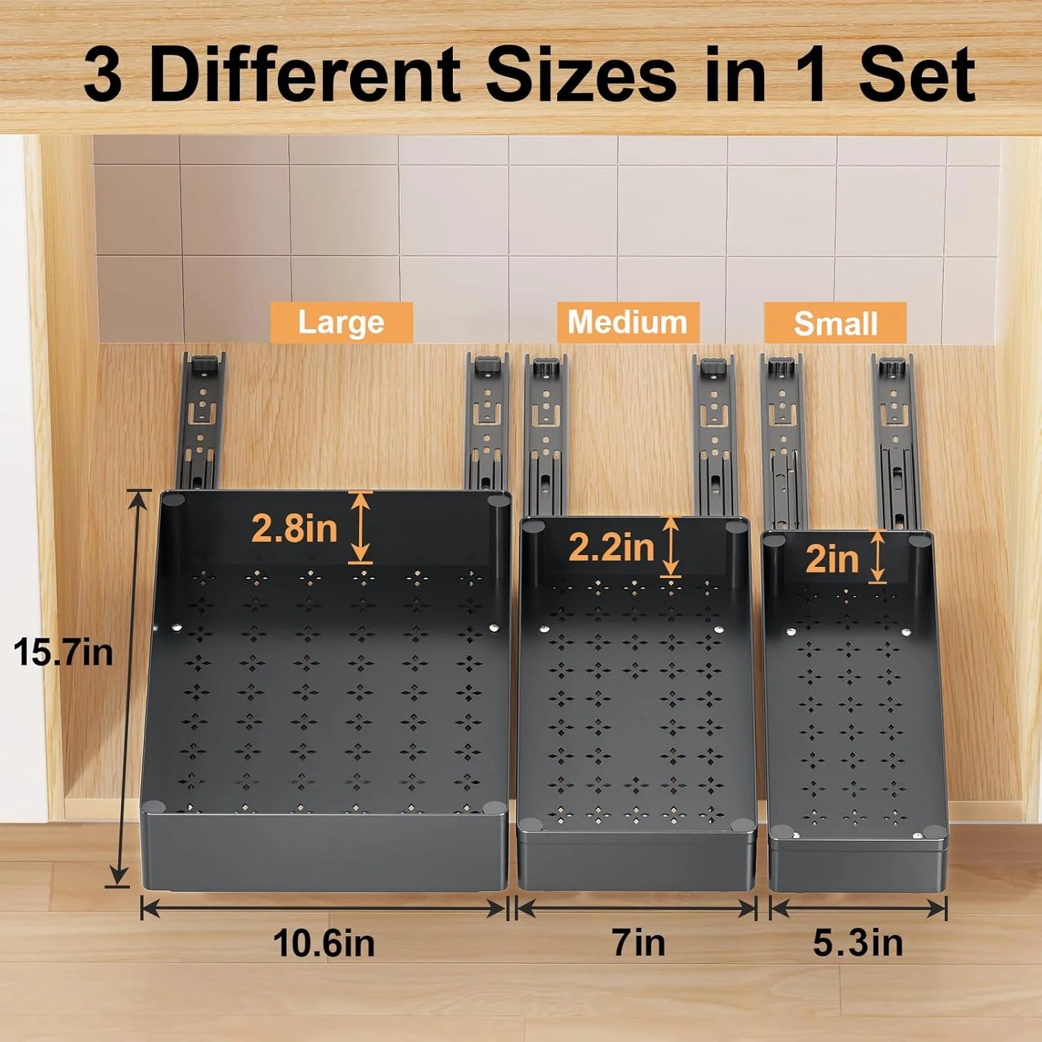 Pull Out Cabinet Organizer, 15.7" Deep, 3 Pack, Black Q941413