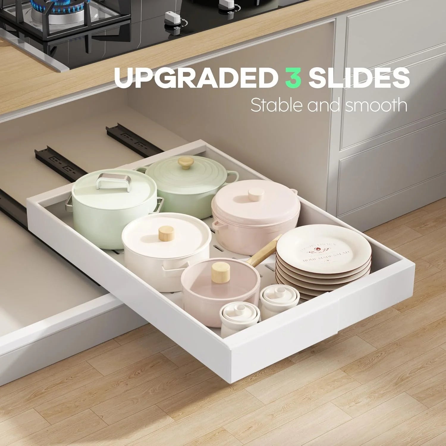 Pull Out Cabinet Organizer 21D with Raising Pad, Expandable Slide Out Drawers for Kitchen Cabinets C3894