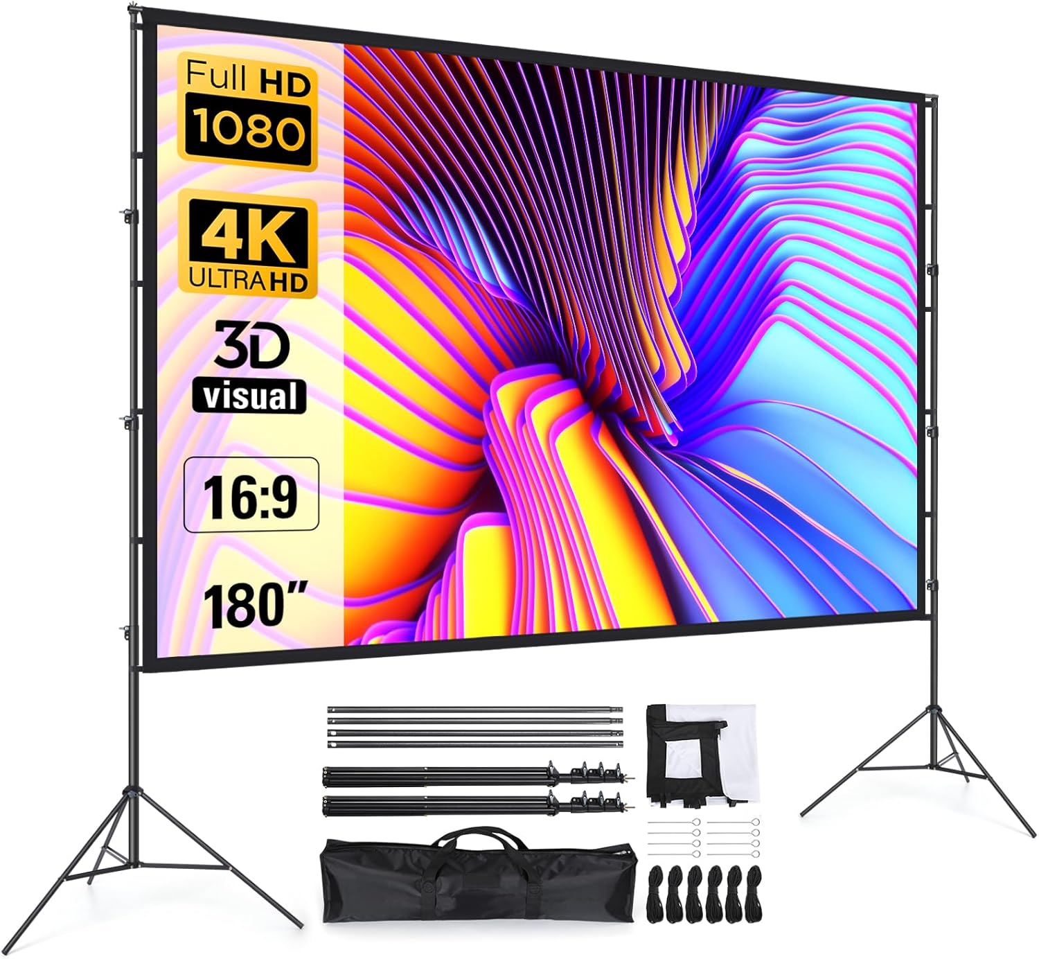 Projector Screen and Stand 180 Inch, LEORFI Outdoor Portable Projector Movie Screen Pull Down, Indoor Projections Screen with Stand 16:9 4K Full HD Support Height Adjustable for Home Theater Camping