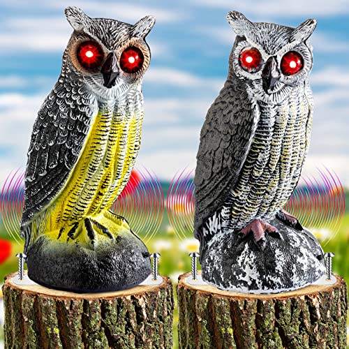 Solar Fake Owl Decoy to Scare Birds Away with Red Flashing Eyes and Frightening Sound Plastic Battery Operated Owl Scarecrow for Garden Yard(Gray, 2 Pcs)