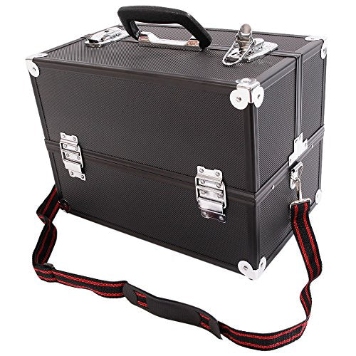 Professional Aluminum Makeup Train Case 14inch with swivel carrying handle, 6 Trays Cosmetic Cases Makeup Storage Organizer Lockable Cosmetic Box for Women and Girls (Black)