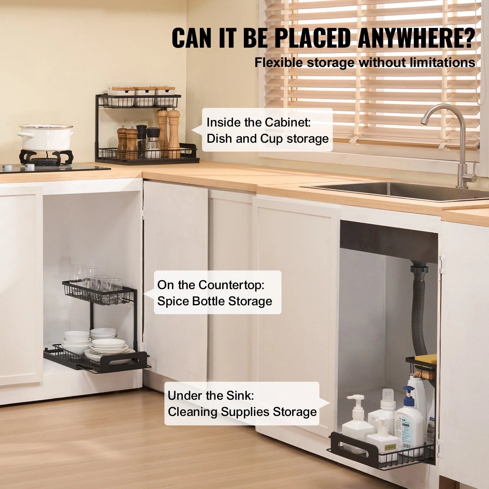 2-Tier Pull Out Cabinet Organizer, Expandable Wire Drawer for Kitchen & Bathroom M86525