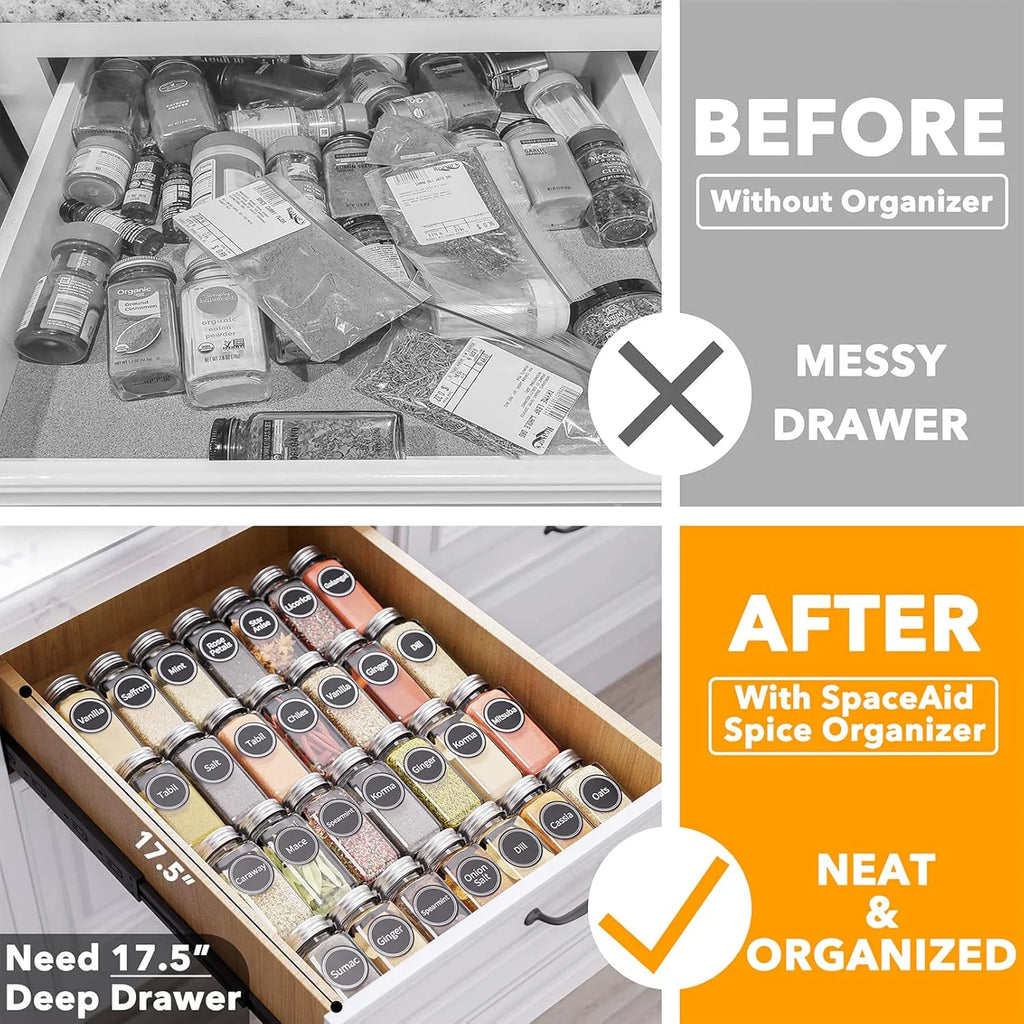 Spice Jar Drawer Organizer with Labels, 4-Tier Tray F1959