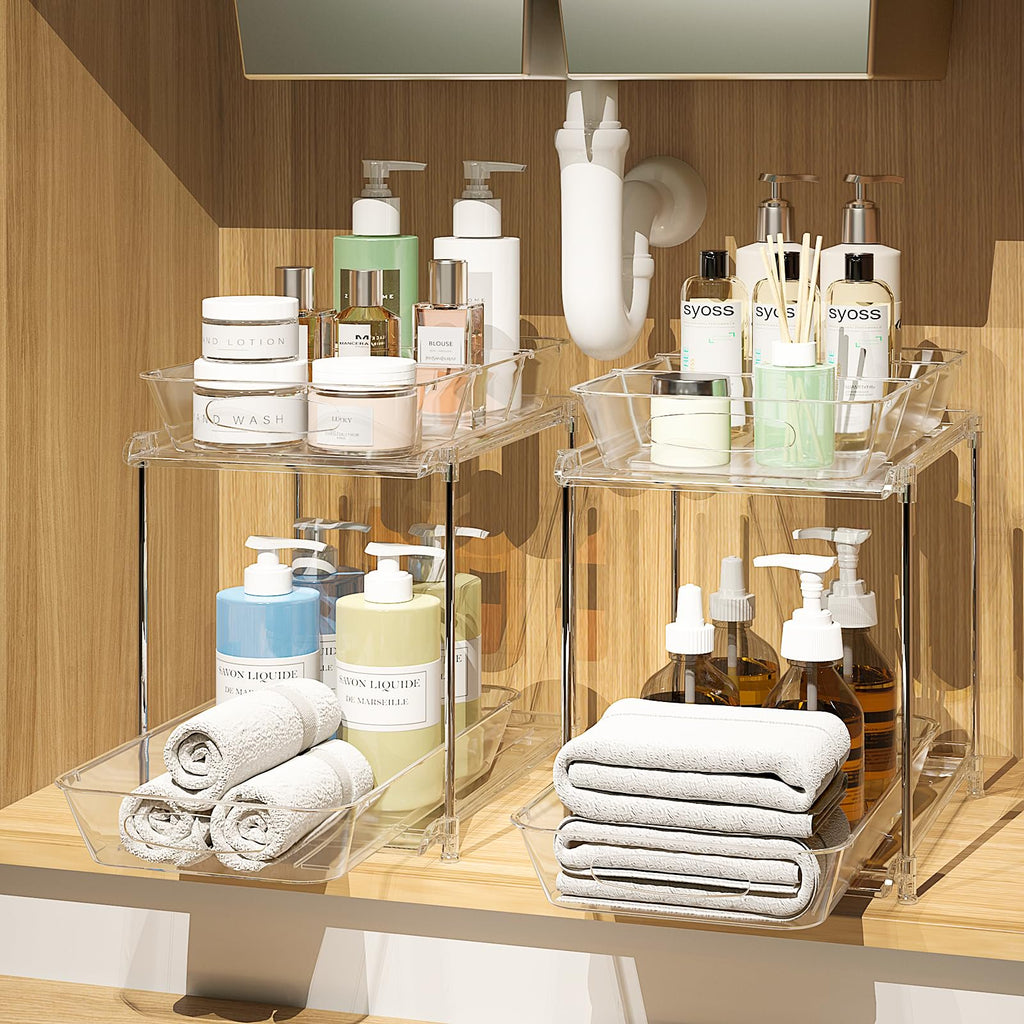 Under Sink Organizer 2 Pack, Clear Pull Out Drawer Storage with Movable Dividers A691