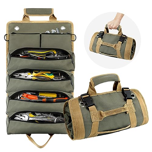 Tool Roll Bag, Roll Up Tool Bag Small Tool Bag with Detachable Pouches, Heavy Duty Roll Up Tool Bag Organizer, Tool Storage Kit for Mechanic & Electrician, Gifts for Men (Green)