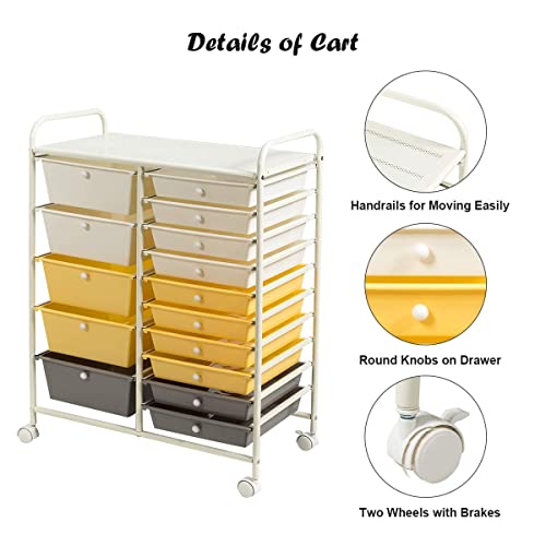 Rolling Storage Cart with 15 Drawers, Lockable Wheels, Black P3598