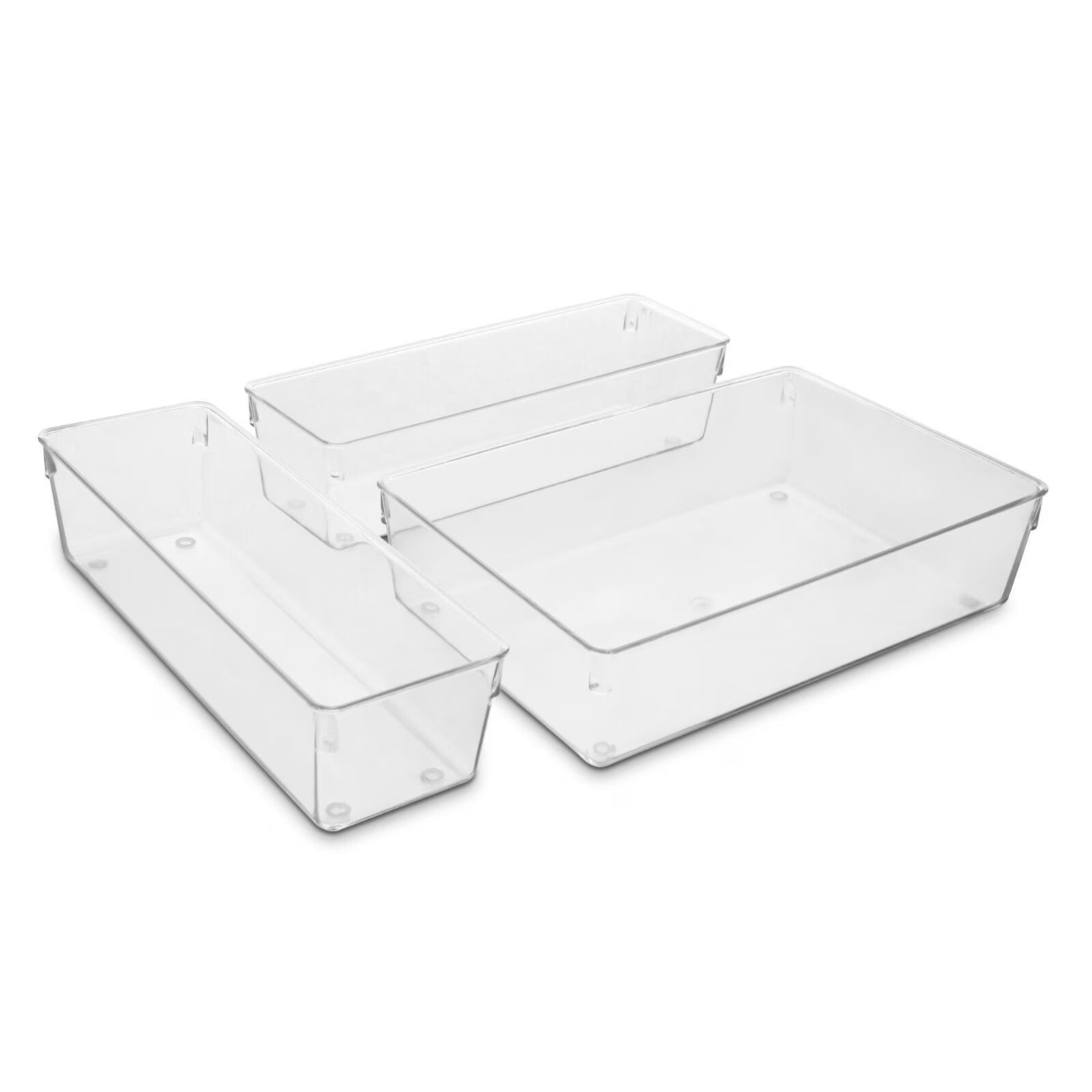 Clear Drawer Organizer 3 Pack - Large Plastic Storage Trays and Dividers for Bedroom, Living Room,  Kitchen