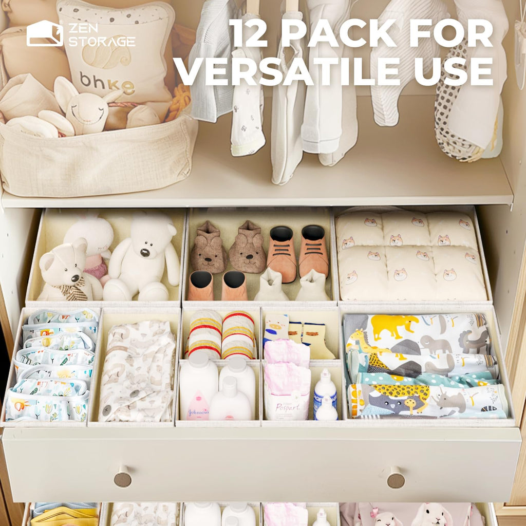 Drawer Organizer, 12 Pack Foldable Dividers for Clothes and Accessories, Beige D8960