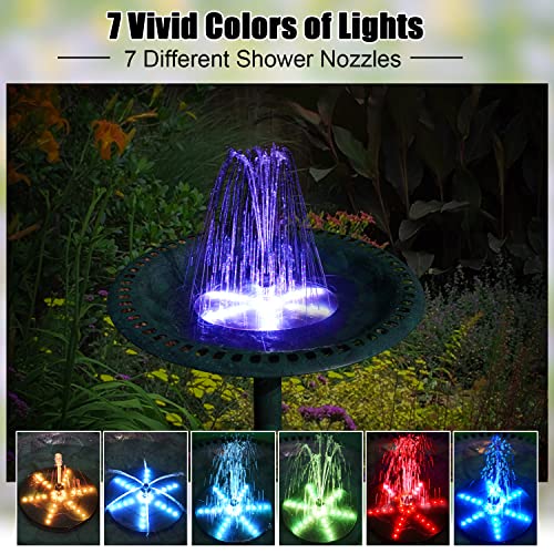 Solar Bird Bath Fountain with 4W Pump, 4000mAh Battery, 7 Nozzles, LED Lights for Garden and Patio N43414