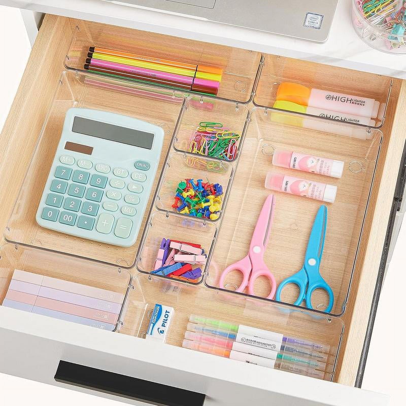Clear Plastic Drawer Organizers Set, 4-Size Storage Trays for Makeup, Kitchen, and Office G2676