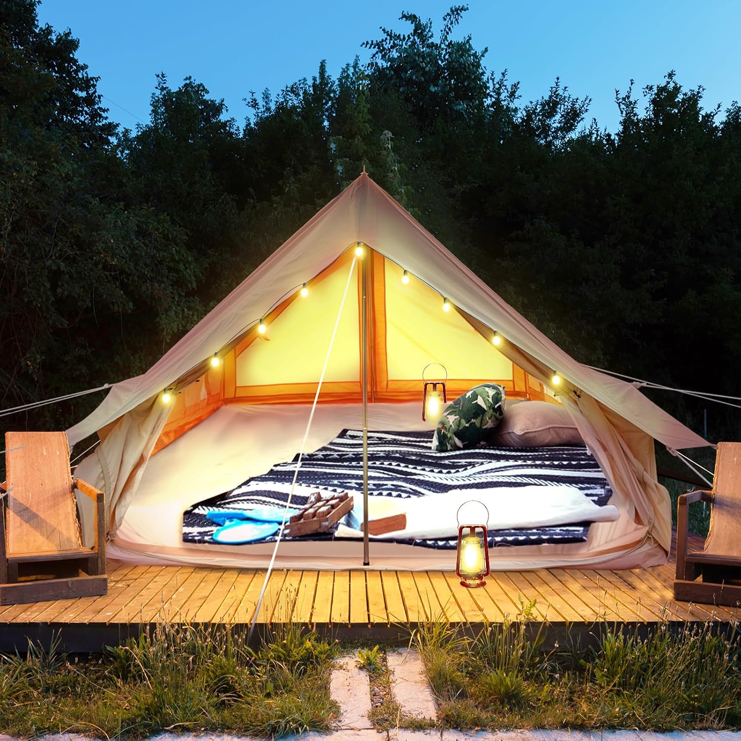 Canvas Glamping Bell Tent for 4 Person Rainproof with Windows J9887