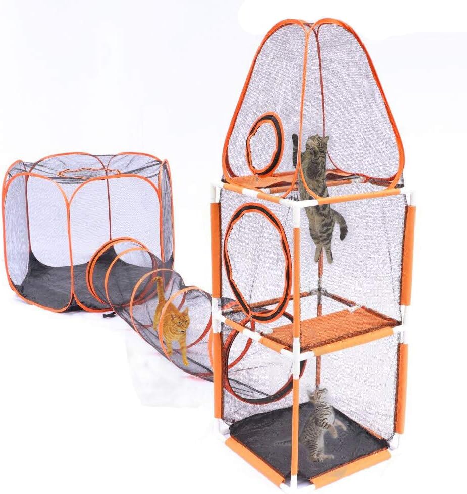 3 in 1 Compound Pet Play House - 3-Levels of Jumping Tower & Hexagon Tent & 1 Tunnel,Pop Up Folding Enclosure Playpens,for Cat,Kitty,Dog,Puppy,Rabbit