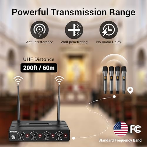Wireless Microphone System with 4x10 Channels, 200FT UHF Range for Karaoke Party Church Wedding M1686