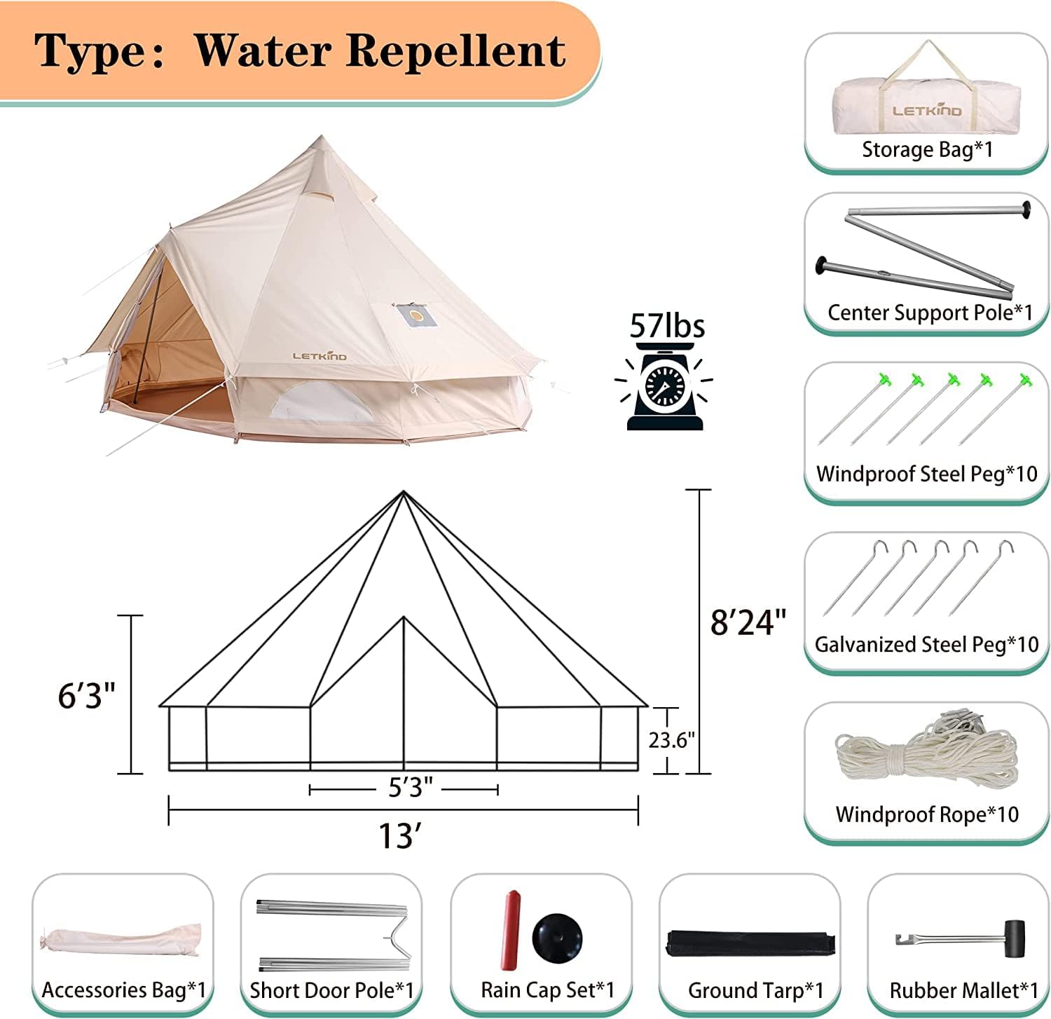 Canvas Bell Tent with Stove Jack, 4 Season Waterproof Camping Tent for Glamping M961371