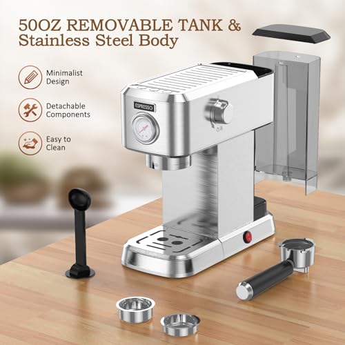 Espresso Machine, 20 Bar with Milk Frother, Compact Stainless Steel, 50oz Water Tank S2510