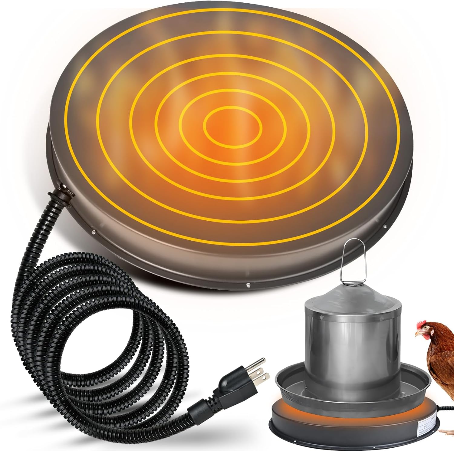 Chicken Water Heater for Winter - 15IN 125W Heated Chicken Waterer Base with Thermostat, Freeze Proof Poultry Water Heater, FITS Plastic or Metal Drinker