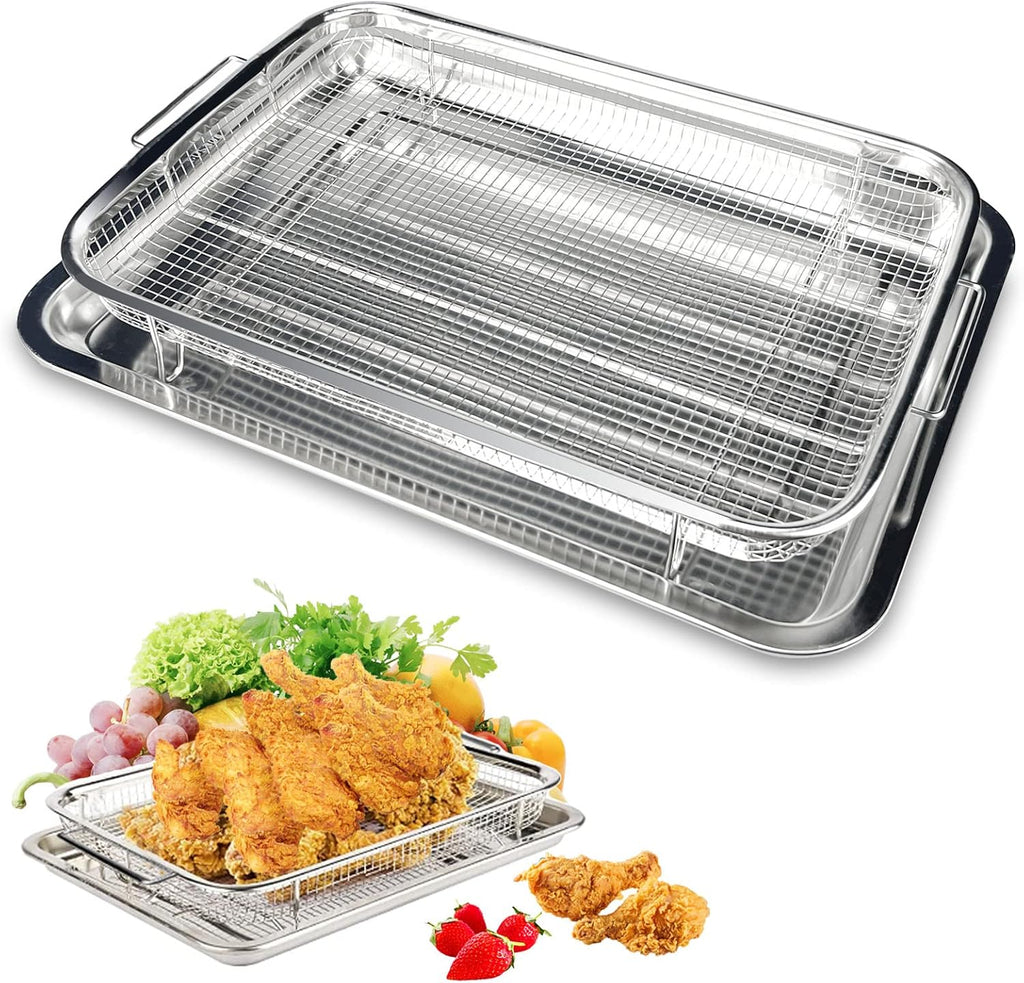 Air Fryer Basket for Oven, 2 Pieces Stainless Steel Air Fryer Baking Pans, 15.39 X 11.42 Inch Crisper Tray, Mesh Grill Basket Replacement, Airfryer Rack for Chicken, French Fry and Frozen Food