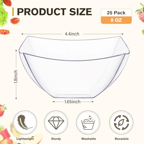 25 Pack Square Plastic Serving Bowls, 8 oz Clear Disposable Bowls for Snacks, Parties and Catering H432362