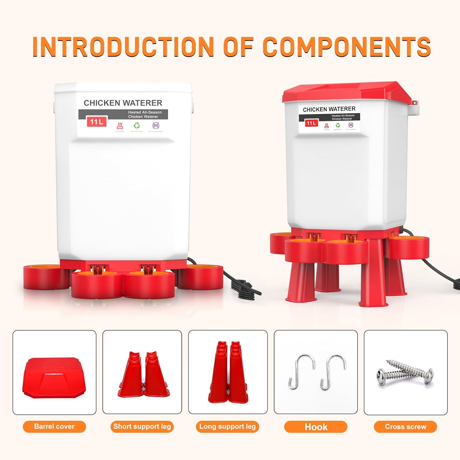Heated Poultry Waterer, Thermostatically Controlled 11L Plastic Hanging Chicken Waterer L70743