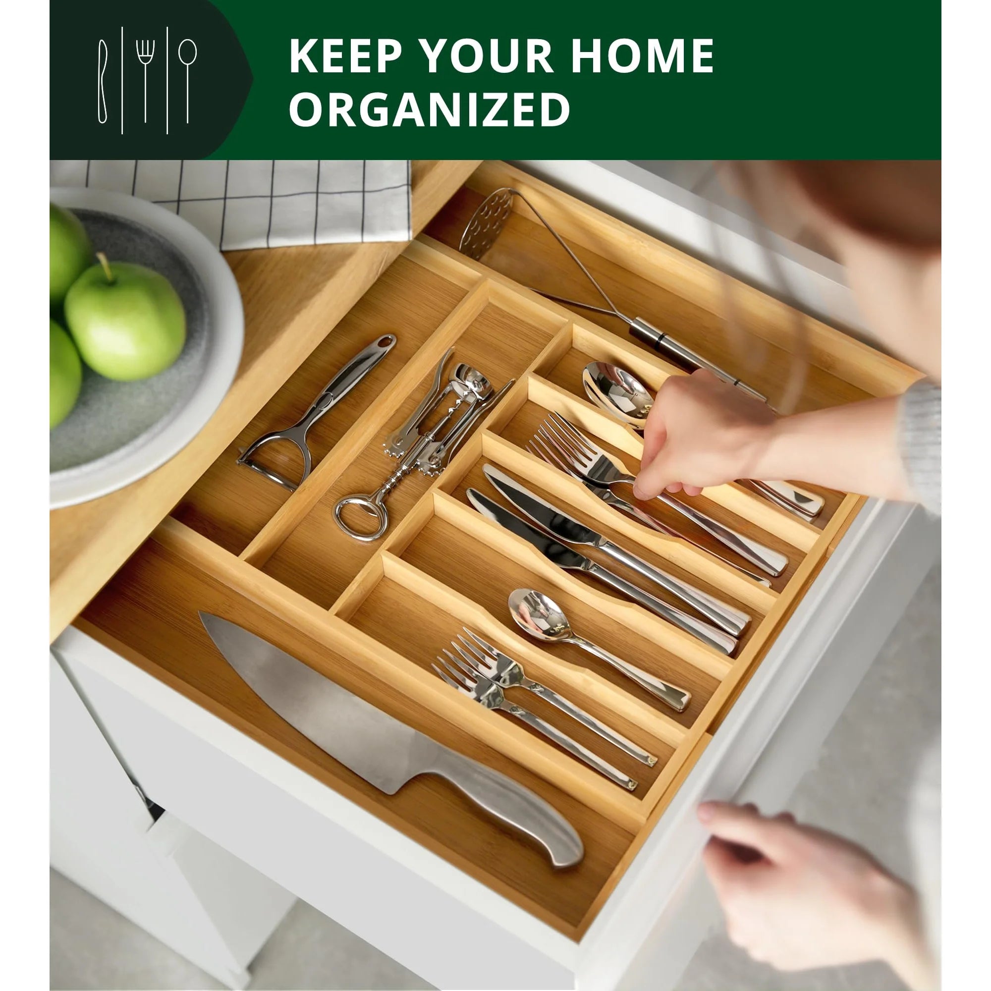 Bamboo Drawer Tray with 9 Compartments for Cutlery Storage X5744