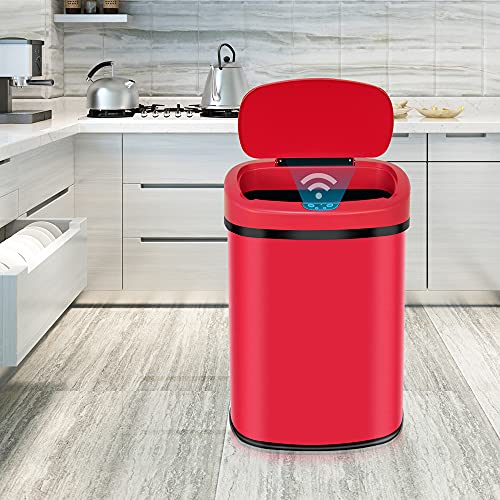 13 Gallon Stainless Steel Automatic Sensor Trash Can - No Touch Garbage Can Kitchen Waste Bin High-Capacity Bathroom Trash Can with Lid for Home Bedroom Office,Black