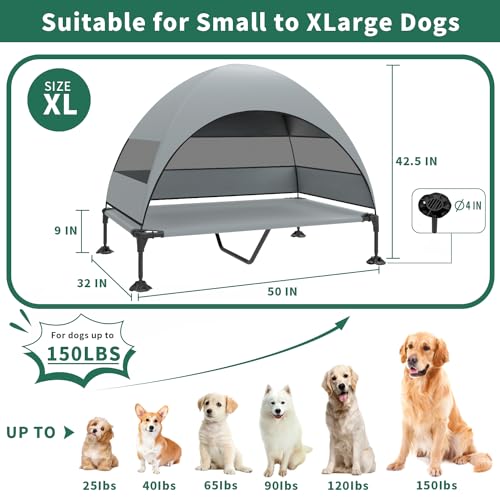 Elevated Dog Bed with Canopy, Raised Outdoor Cot, Removable Shade Tent, Large Grey O9328