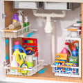 Under Sink Organizer 2 pack, 2 Tier Slide Out Under Sink Organizers And Storage, Height Adjustable Pull Out Cabinet Organizer Drawers, Kitchen Bathroom Metal Sink Storage Shelves, White