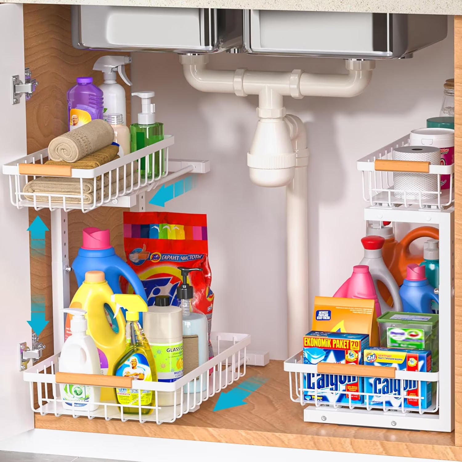 Under Sink Organizer 2 pack, 2 Tier Slide Out Under Sink Organizers And Storage, Height Adjustable Pull Out Cabinet Organizer Drawers, Kitchen Bathroom Metal Sink Storage Shelves, White