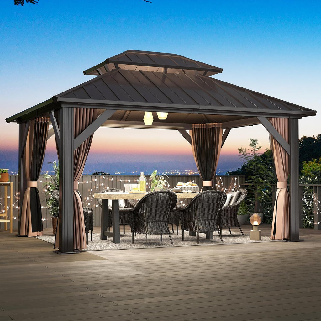 10x12FT Outdoor Hardtop Gazebo with Double Roof - Heavy-Duty Galvanized Steel Top Aluminum Frame Gazebo with Breathable Netting & Privacy Curtain for Patio, Porch, Garden, Lawn, Deck, Backyard