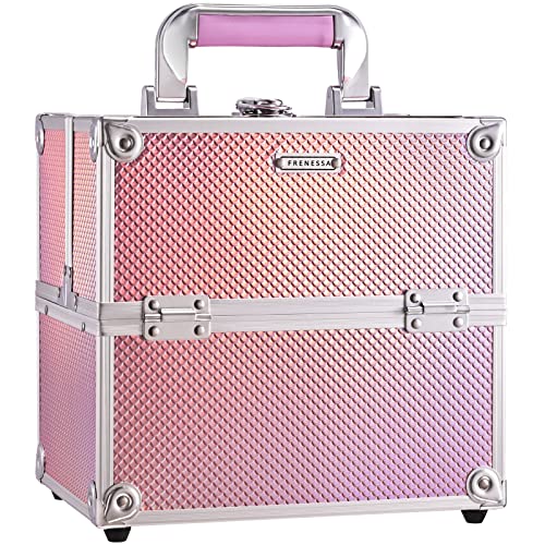 FRENESSA Makeup Train Case Portable Cosmetic Box Organizer Storage 4 Trays Aluminum Makeup Box with Divider Lockable Craft Train Case for Makeup Artist, Crafter, Makeup Tools Silver Floral